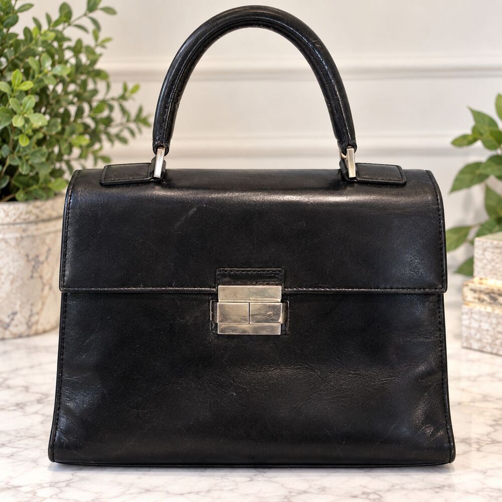 Vintage Hilfiger Black Leather Made in Italy Top Handle Bag